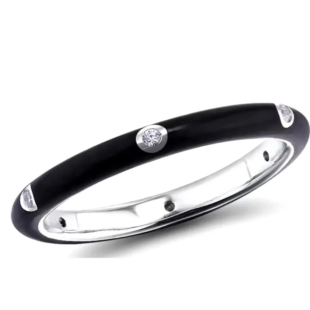 NEW Men’s Pave’ Diamond Black Enamel 925‎ Sterling Silver Band Ring Size 10